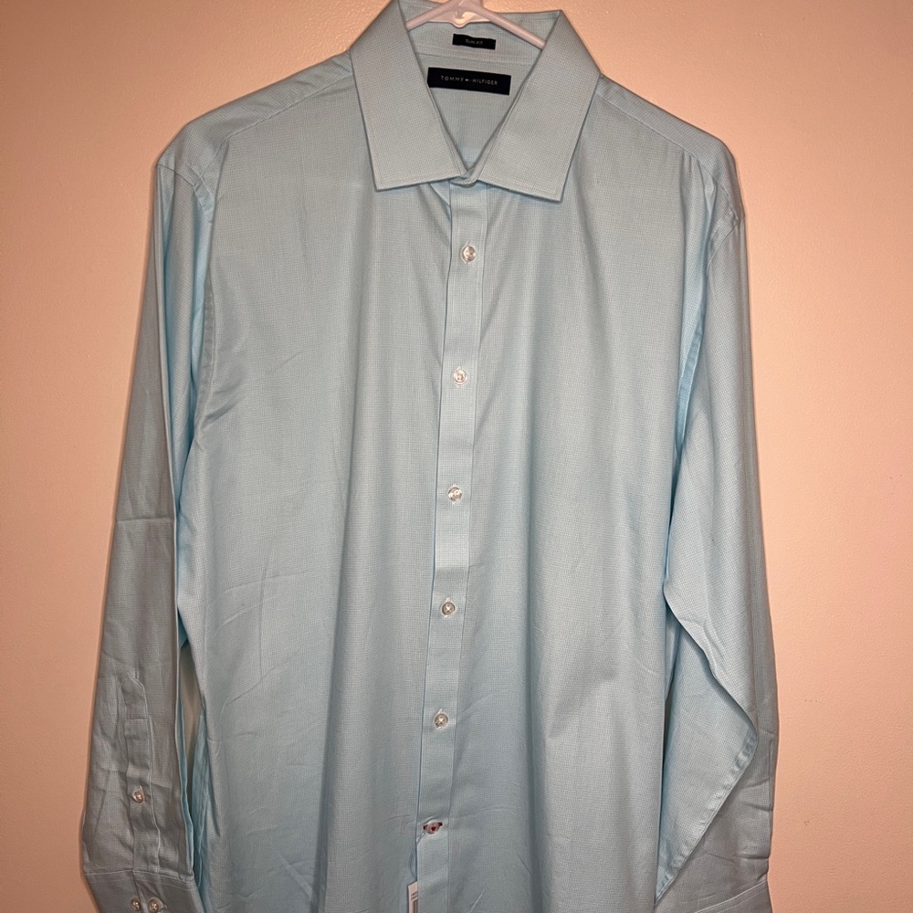 Tommy Hilfiger Slim Fit Dress Shirt 16.5 32/33 Blue NWT Mens Button Up